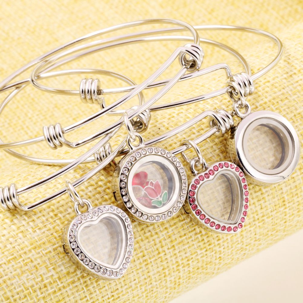 Cheap DIY Floating Locket Bracelet Crystal Bangle Locket With Expandable Stainless Steel Wire