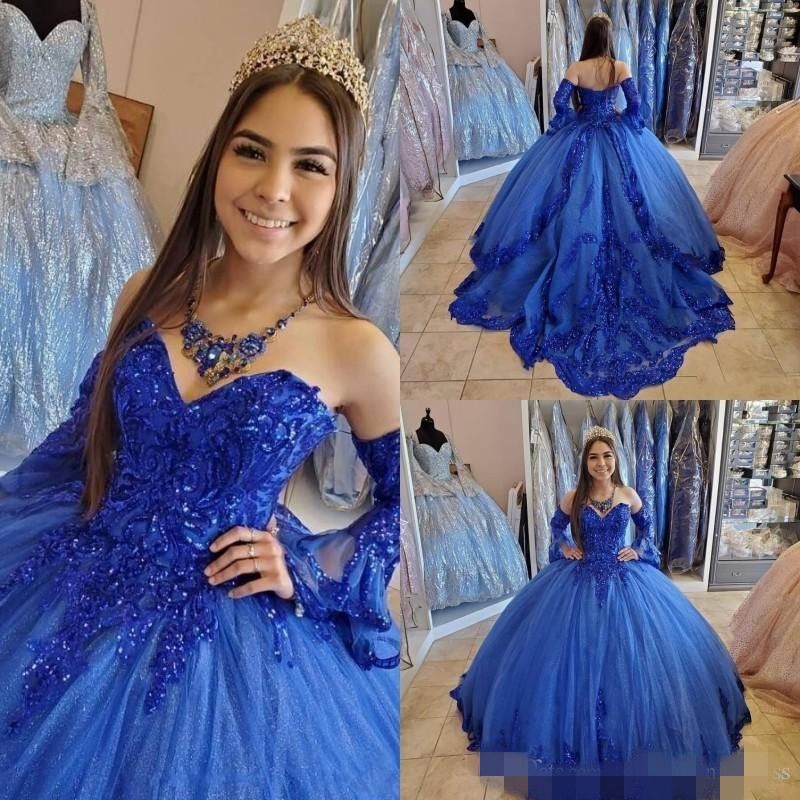 Darlingoddess Royal Blue Quinceanera Dresses Long Sleeves Appliques Lace Sweet 16 Dress Ball 