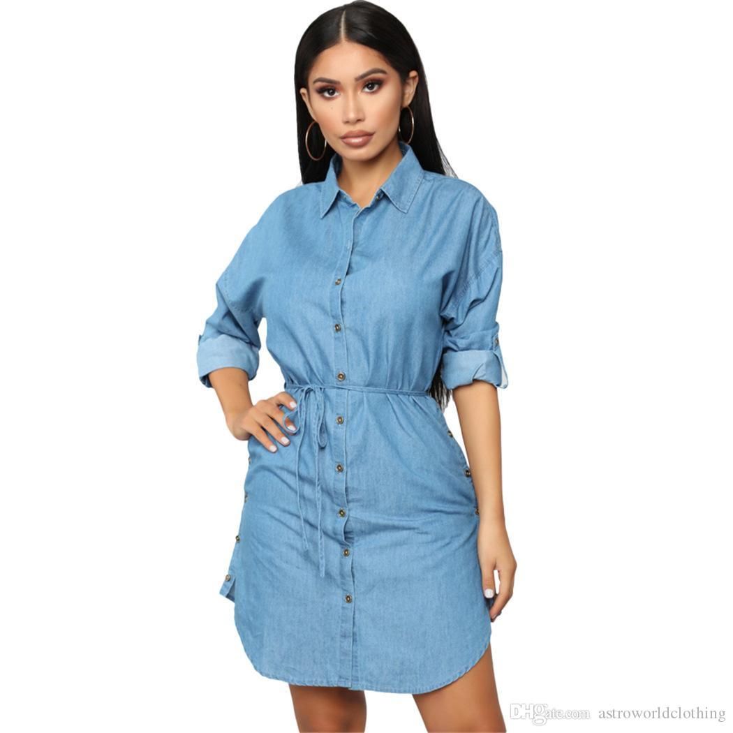 Women Spring Shirt Dresses Fashion Denim Blue Single Breasted Mini