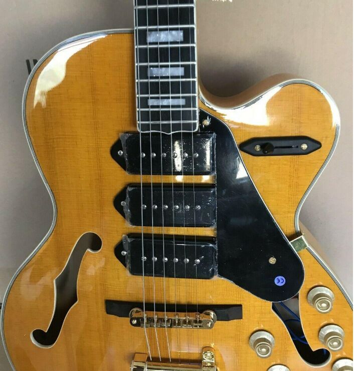 New Blonde Natural Hollow Body Jazz Guitar Tiger Flame Maple Top 5