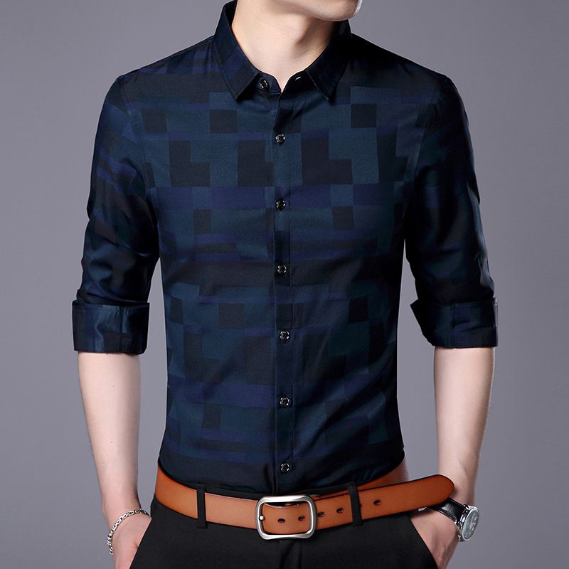 Slim Vestir Manga Moda Up Ropa Marca Cuadros Streetwear Camisa Hombre Plaid Coreano 2018 Larga De Fit A Para Button wO8Xn0Pk