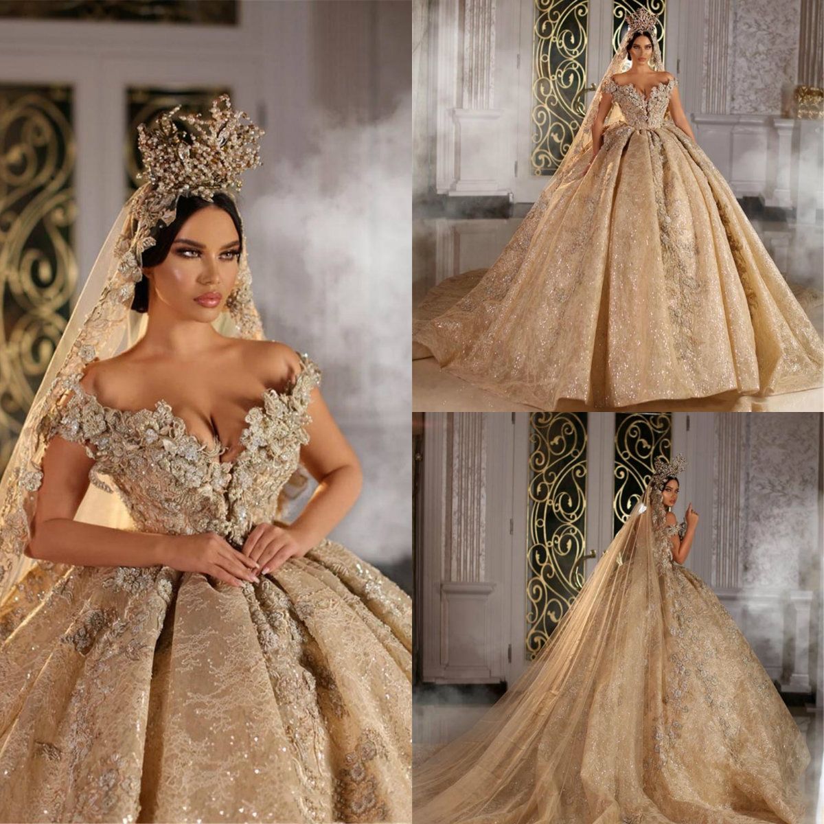 champagne off the shoulder wedding dress