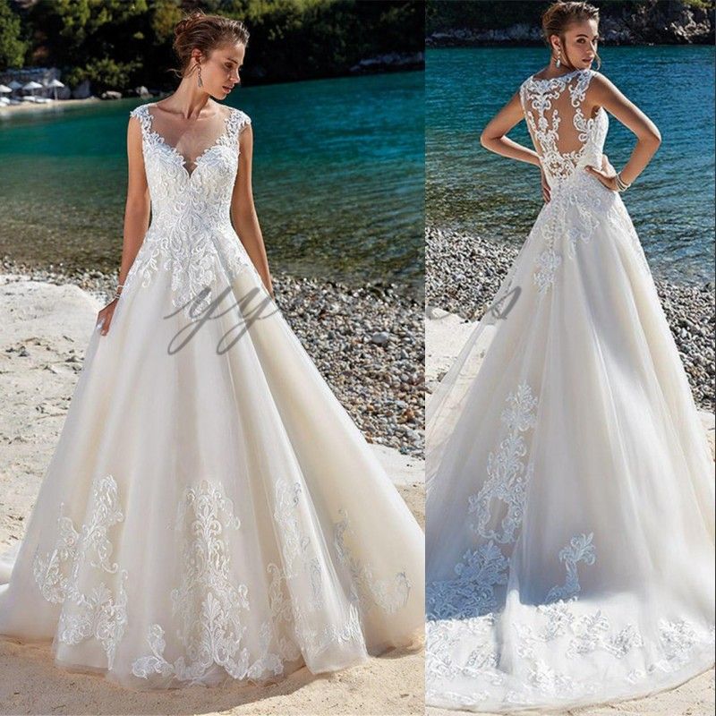 2019 Elegant Long A Line Wedding Dresses Dubai Sleeveless Sheer Scoop Neck Lace Appliques Beach Bridal Gowns Vestios De Novia