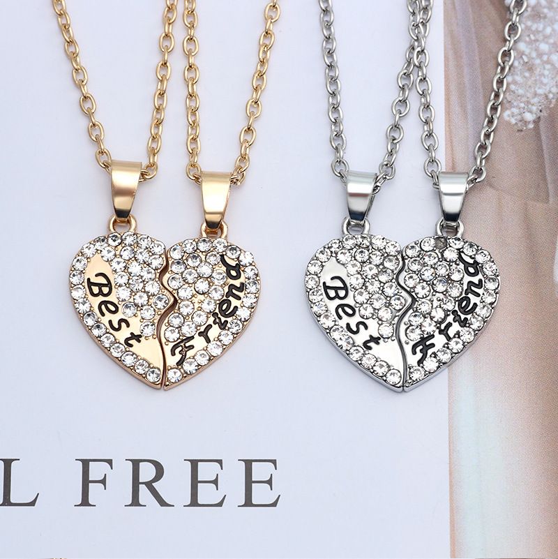BFF Best Friend Broken Heart Necklaces With Rhinestone Heart Joint