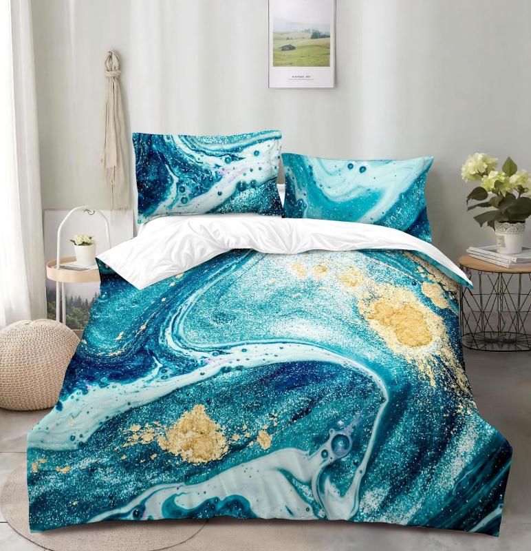 WAZIR 3D Marble Prints Bedding Set Abstract Aqua Duvet Cover Set Gold