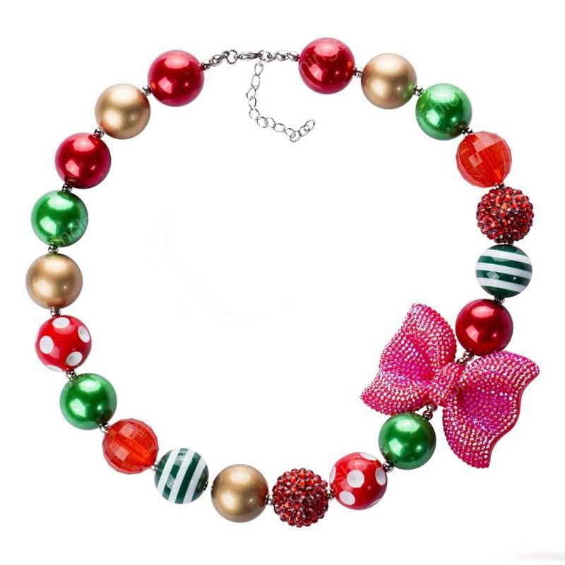 Christmas Girl Necklace With Bow Kids Children Chunky Bubble Beads