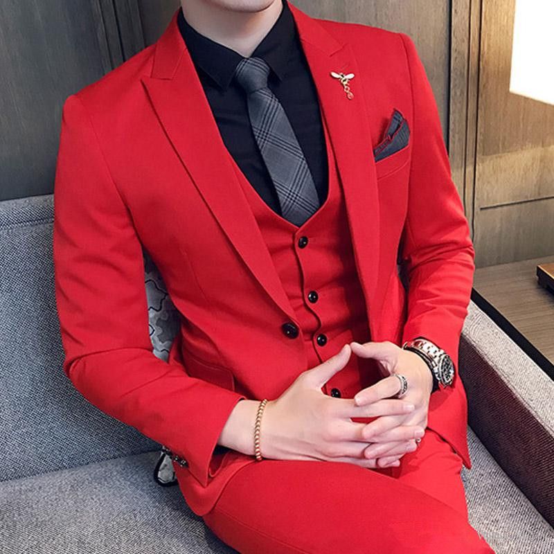 Three Piece Red Evening Party Men Suits 2018 Peaked Lapel Trim Fit ...