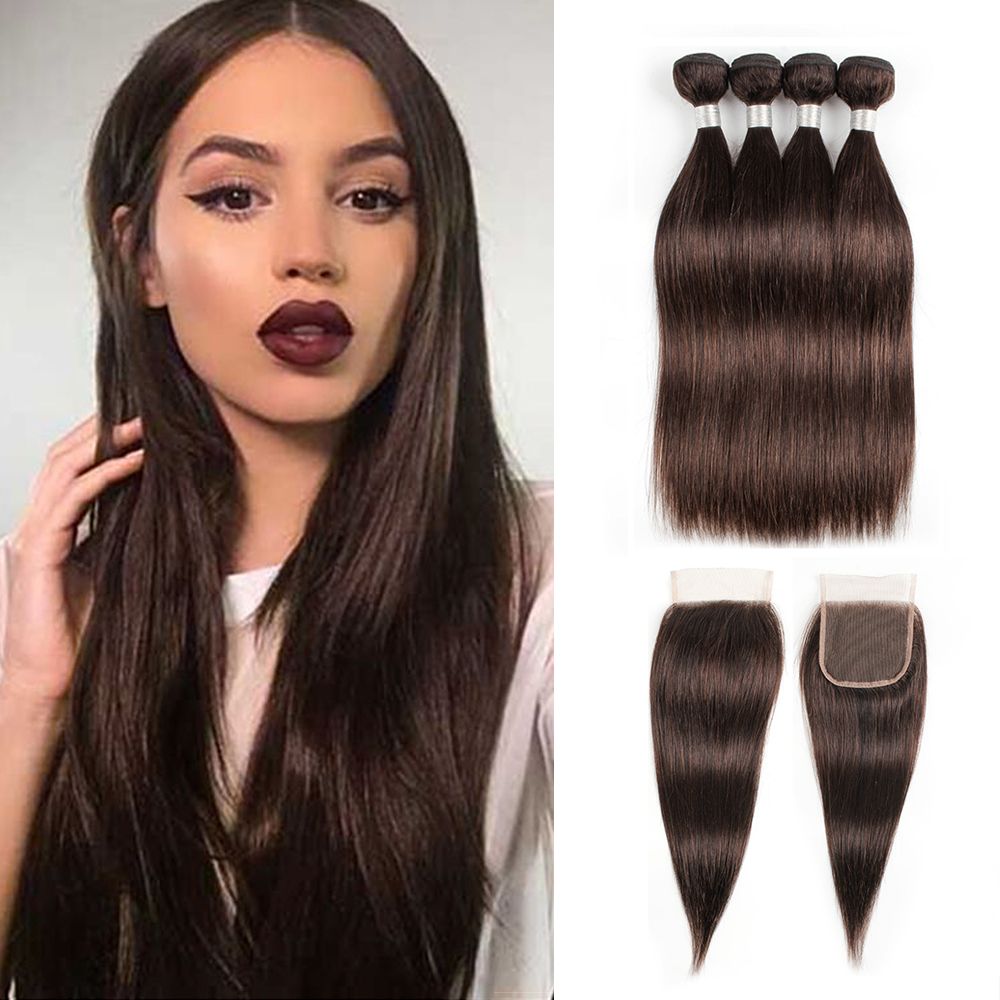 2021 2 Dark Brown Straight Hair Weave Bundles With Closure 4 Bundles