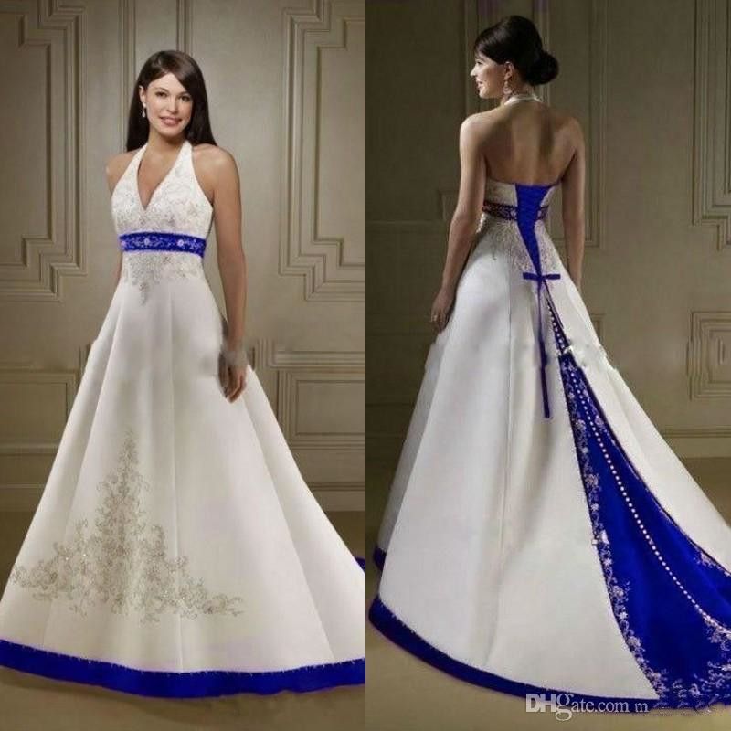 Discount Vintage Royal Blue And White Wedding Dress Sweep