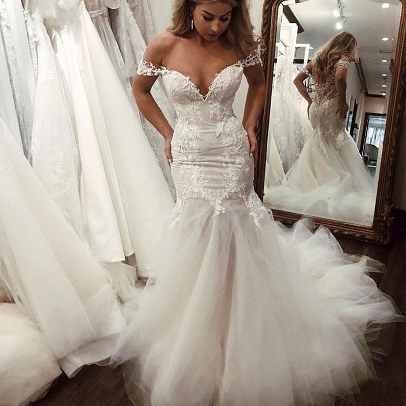 compre glamoroso cuello en v apliques princesa 2019 sirena vestido