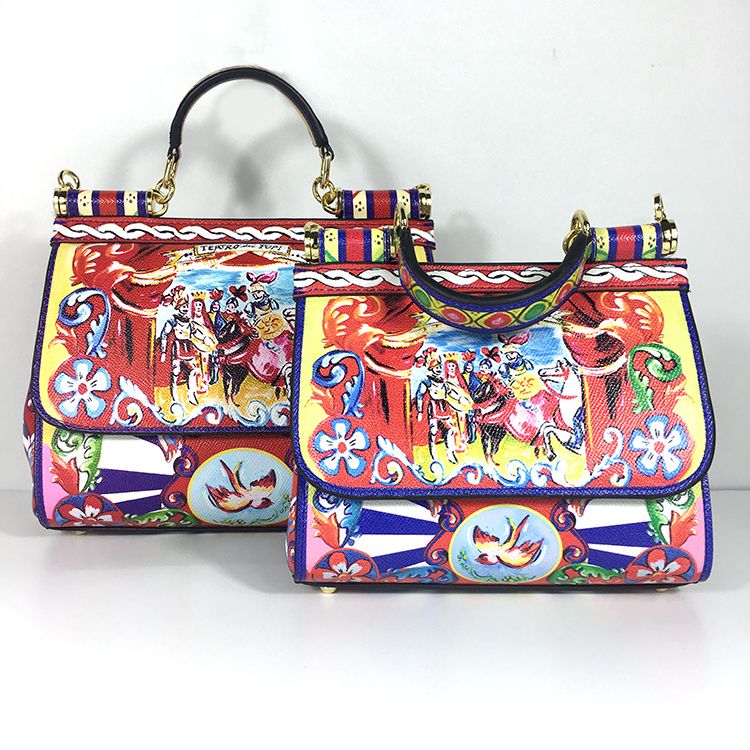 Designer Italy Brands Sicily Elegant Lady Bag Fruit Flower Print Tote Handbags Genuine Leather ...