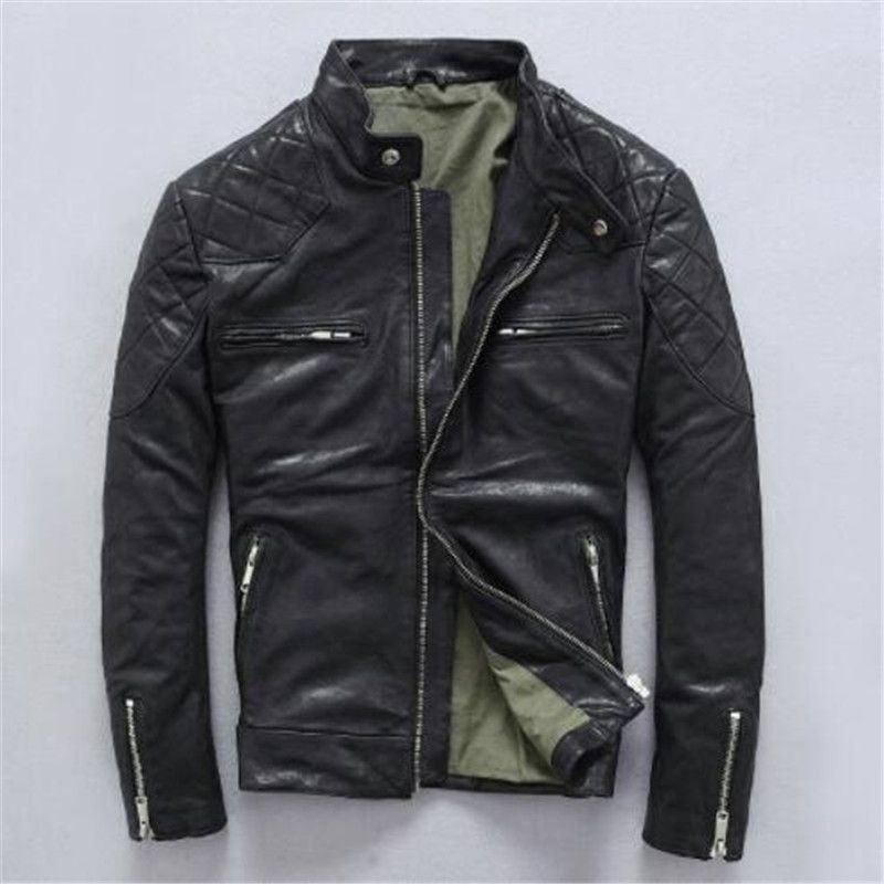 2019 Men Brown Slim Fit Leather Motorcycle Jacket Genuine High Quality Sheepskin Winter Short Biker Coat Free