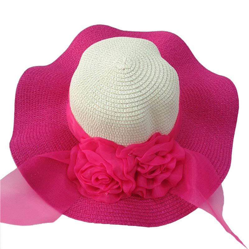 fashion straw hat flower ribbon summer beach wide brim fisherman sunscreen folding hand made casual wave girls hats cp0238 ribbon folding