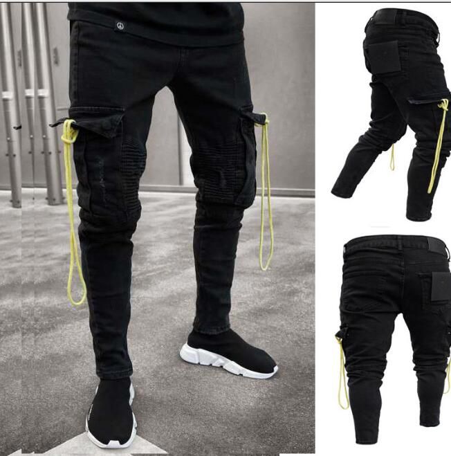 Men Jeans Hip Hop Cool Streetwear Biker Multi Pockets Black Skinny ...