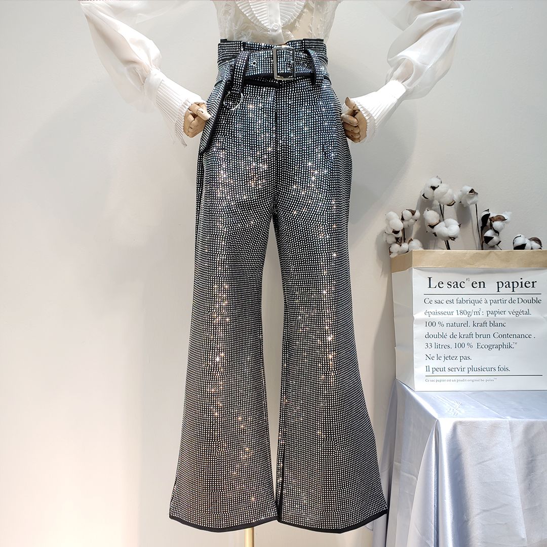 2019 Women Cotton Full Rhinestone Bling Flare Trousers Ladies Vogue Black High Waisted Bandage ...