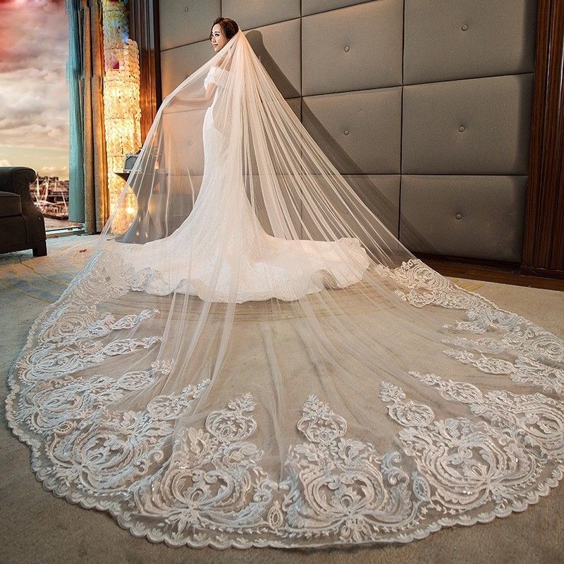 2019 Latest Cathedral Length Wedding Veils Long Lace Appliqued Cheap