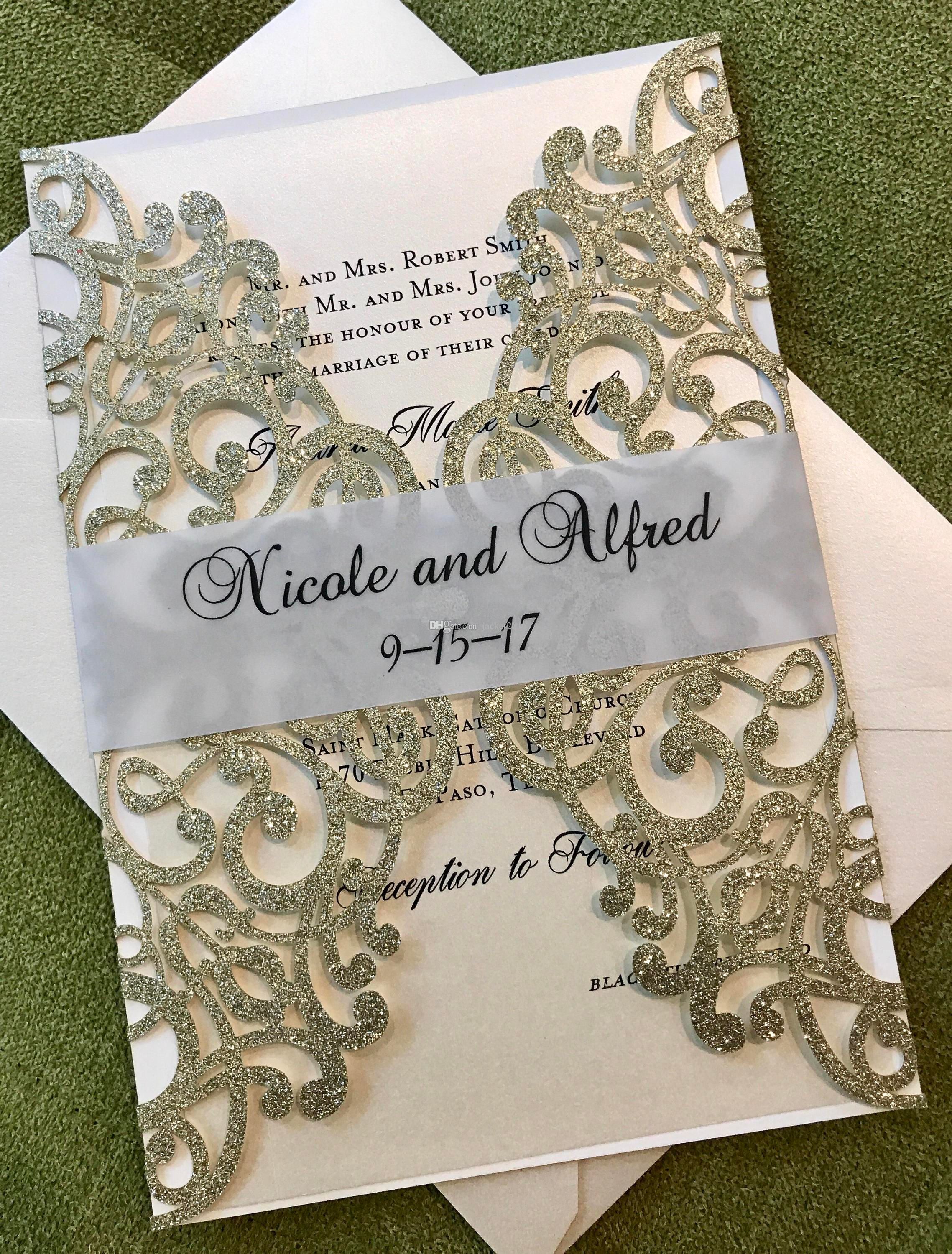 Glitter Flower Laser Cut Quinceanera Invitation With Seethrough