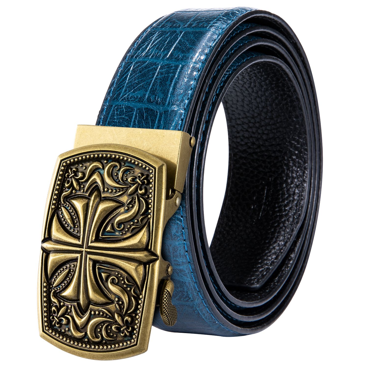 Orange Genuine Leather Mens Belts Golden Solid Automatic Buckles Ratchet Belts