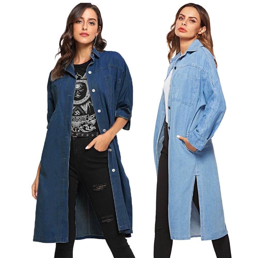 New Women Long Down Coat Denim Casual Jean Jacket Side Slit Knee Length Outwear Fashion Single Breasted Spring Autumn Swing Coat