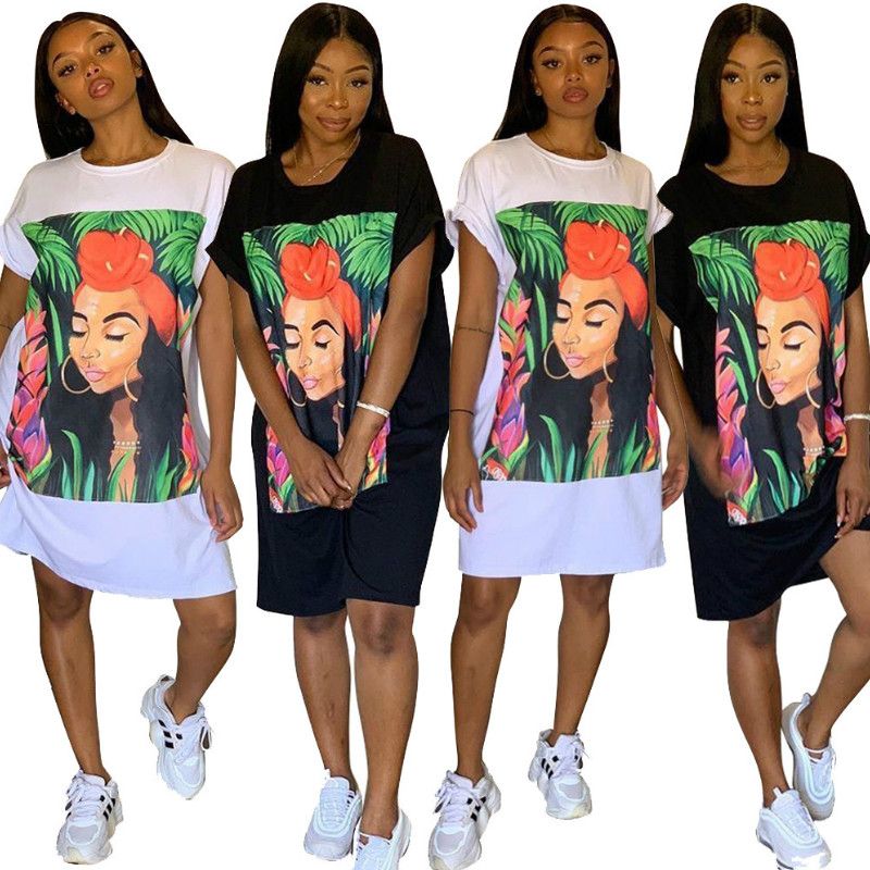 Fashion Women Oversize Short Sleeve Loose Dress Girl Pattern Print