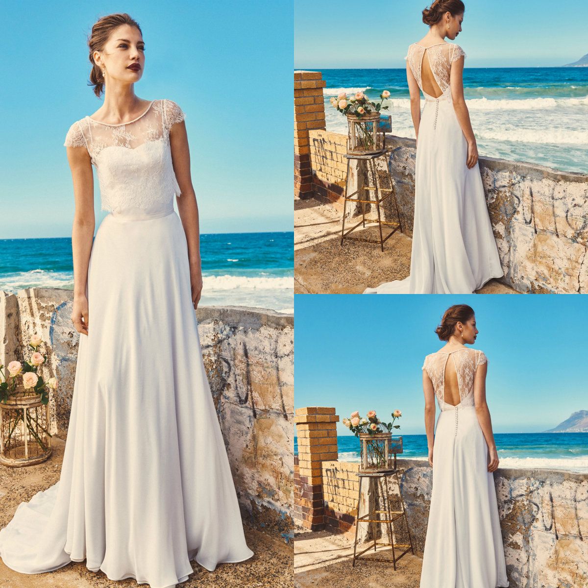 2019 Chic Bohemian Wedding Dresses With Jacket Spaghetti A Line Lace Appliques Beach Wedding Dress Chiffon Boho Bridal Gowns Plus Size