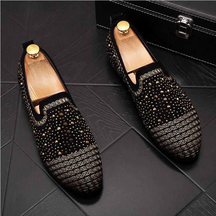 New Men Business Loafers Gold Blue Diamond Rhinestones Spiked Loafers ...