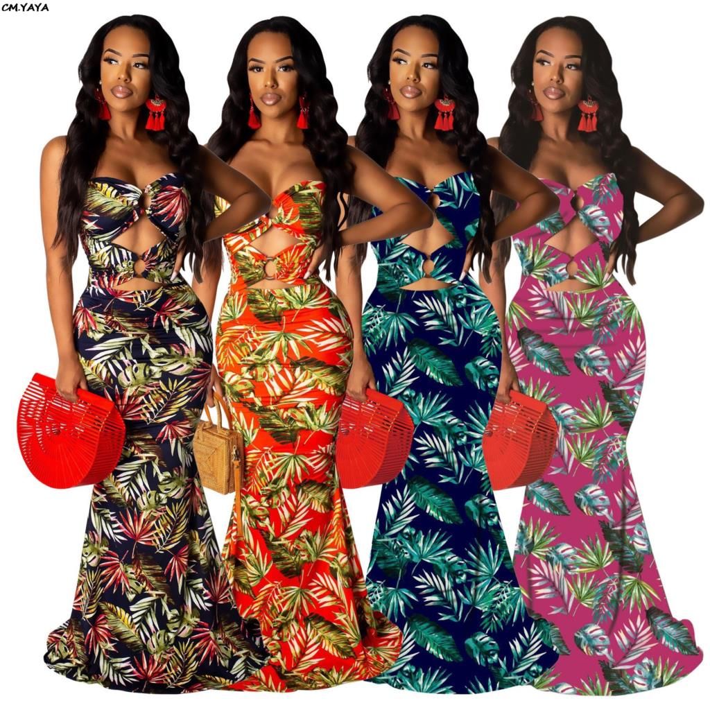 2021 Women Dress New Strapless Cut Out Leaf Print Mermaid
