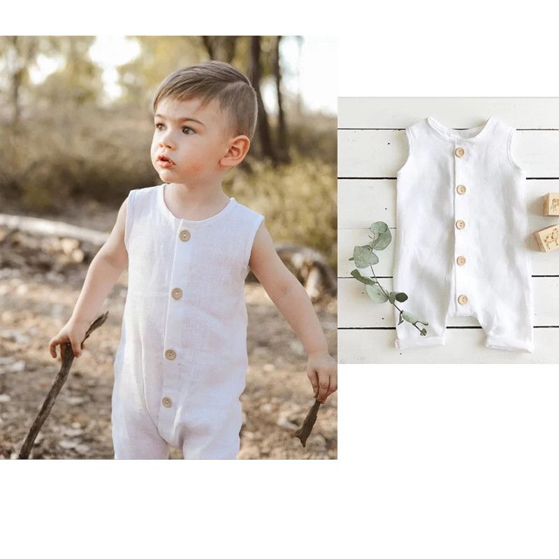 2019 INS Toddler Baby Boys Solid White Bodysuits Front Button Sleeveless Jumpsuits 100 Cotton