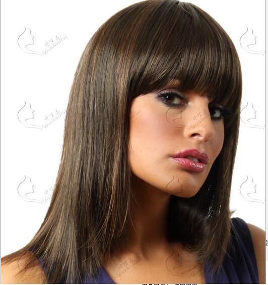 Women Wig Dark Brown Straight Hair Wig With Bang Synthetic Capless
