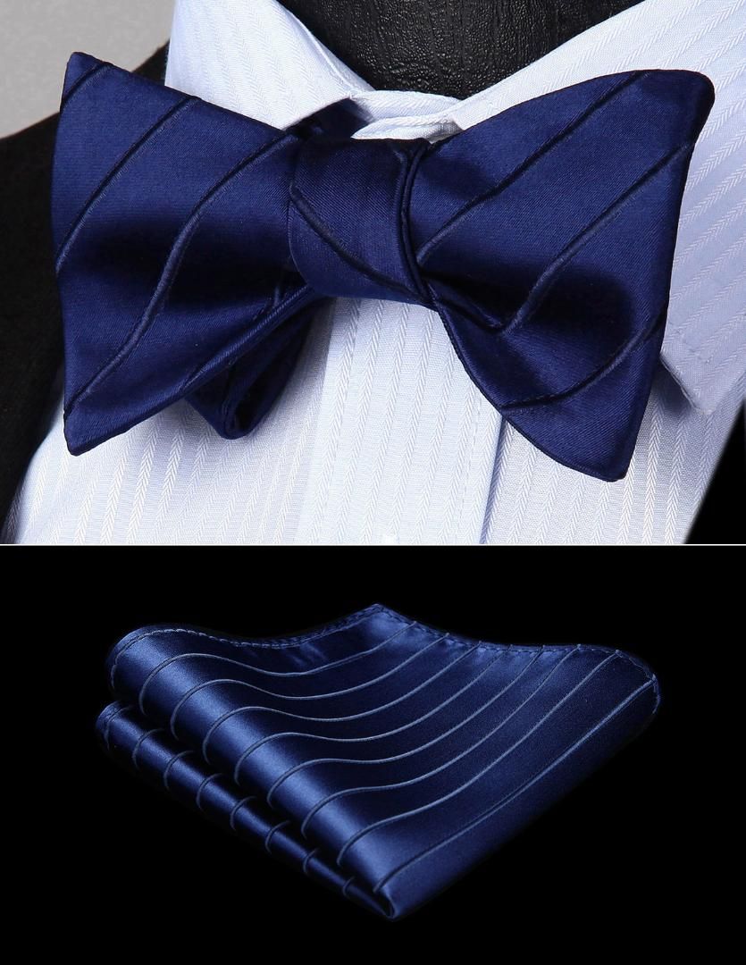 Bow Tie Handkerchief Set Party Wedding Navy Blue Striped Men Self
