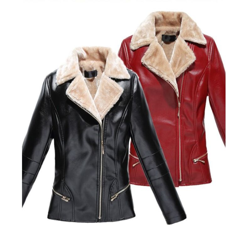 Fashion Las Motorcycle Leather Plus Velvet Thick Jacket Female Winter Clothing Under Riding