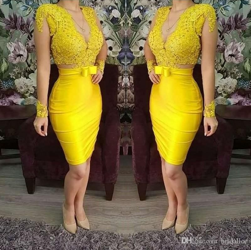 Cheap Yellow Sheath Cocktail Party Dresses Deep V Neck Lace Applique