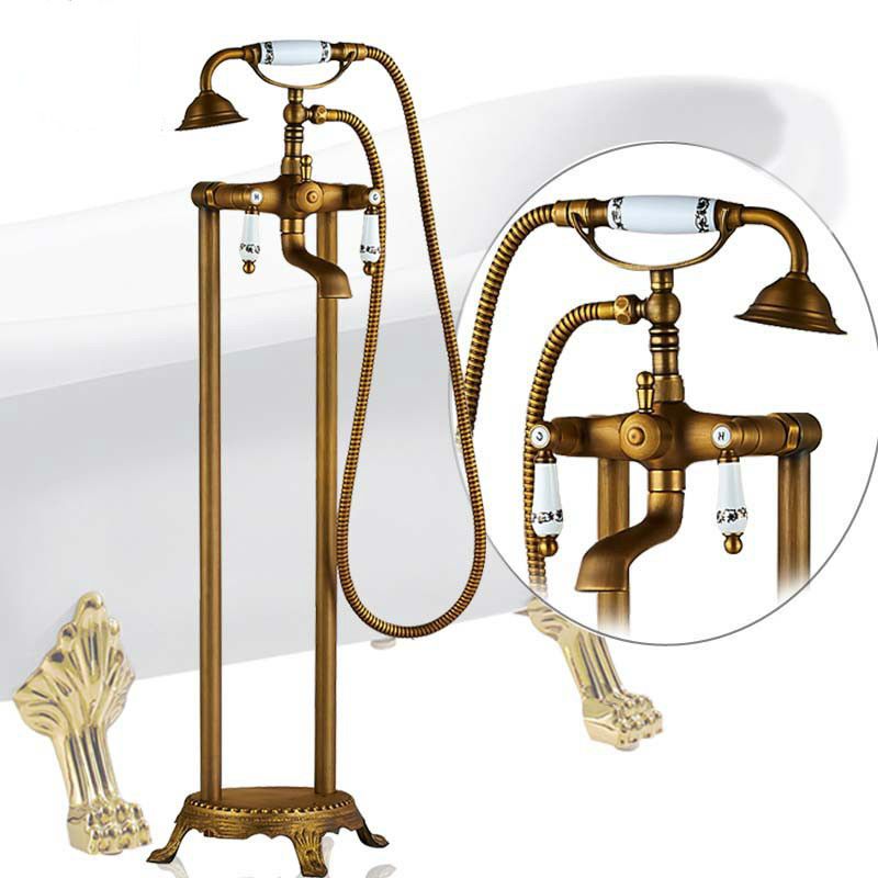 Antique Brass Freestanding Bathtub Faucet Set Dual Ceramic Handle Floor Mounted Claw Foot Bath Tub Mixers Swive Spout