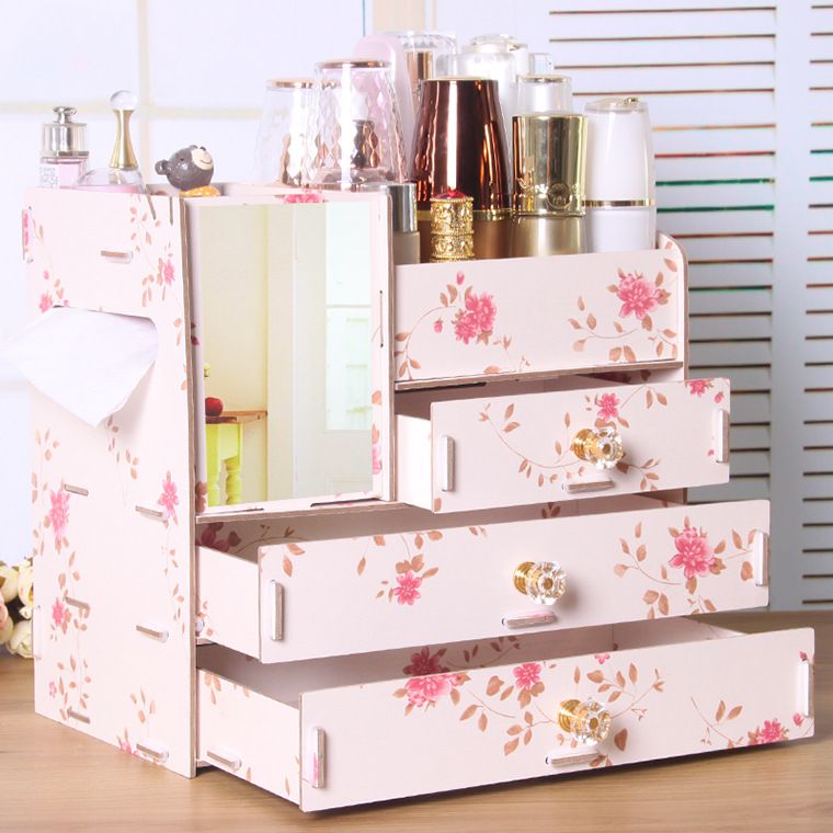 Luxury Deluxe Wood Cosmetic Box Organizer With Mirror White 90