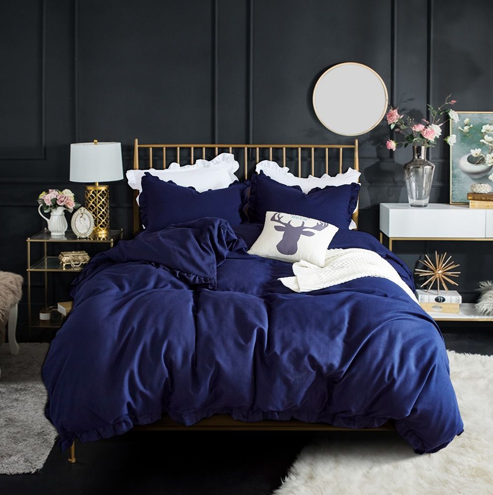 Holiday Gift Chic Solid Navy Blue Color Flounced Bedding Duvet Cover Holiday Gift Chic Solid Navy Blue Color Flounced Bedding Duvet Cover Set Pillow Case Sham Us Twin Queen King Size Collections Luxury From