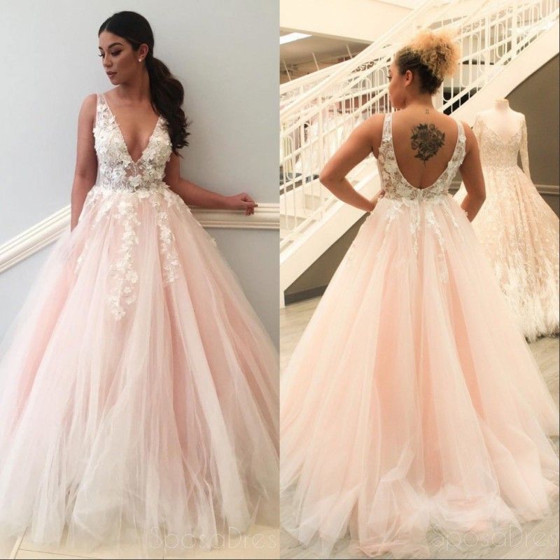 Discount New Dusky Pink Ball Gown Wedding Dresses V Neck White Lace