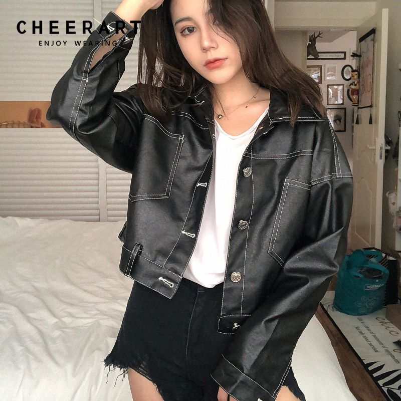 Cheerart Cropped Black Leather Jacket Women Motorcycle Biker Pu Female Short Coat Clothes 2018 Autumn