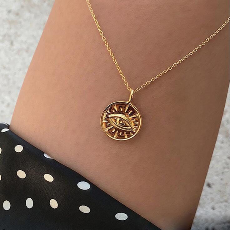 Rétro Or Fleur Rose Rond Coin Pendentif Chaîne Longue Collier Bijoux Pour Femme
