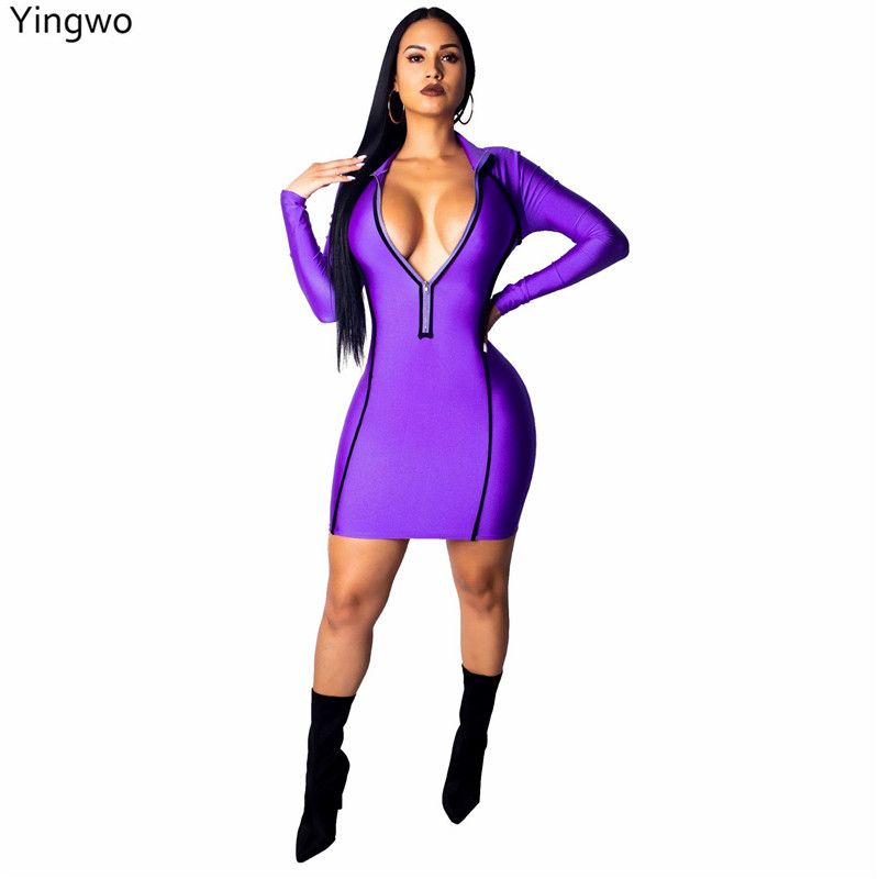Cheap Purple Long Sleeve Mini Dress