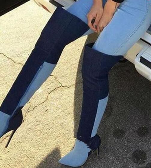 denim patchwork platform boots