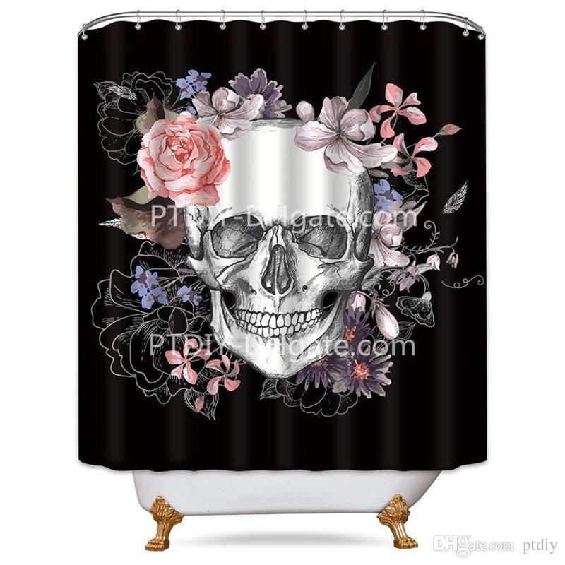 Flowers Sugar Skull Shower Curtain 72x78 Inch Free Metal Hooks 12 Pack Skeletons All Saints Day Pink Rose Black And White Image