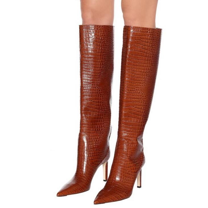 Sexy Brown Crocodile Leather High Heels Knee High Boots Women Pointed