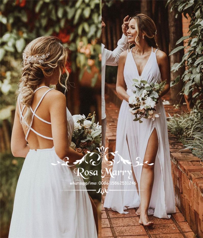 Discount Greek Boho Beach Cheap Wedding Dresses 2019 A Line V Neck