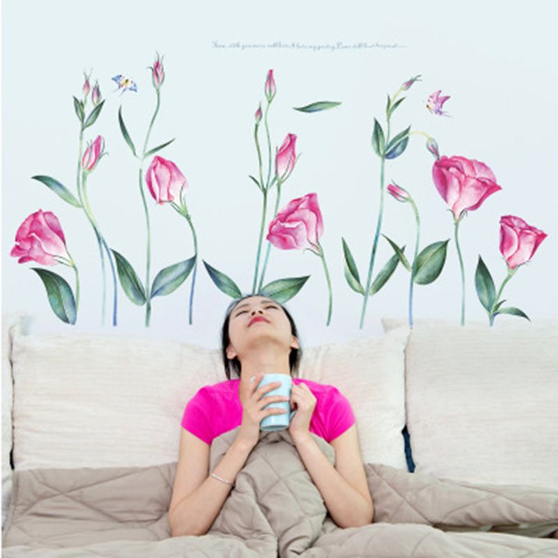 Pink Rose Flowers Wall Sticker Living Room Bedroom Background Decor Mural Poster Art Decorative Decals Self Adhesive Graphics