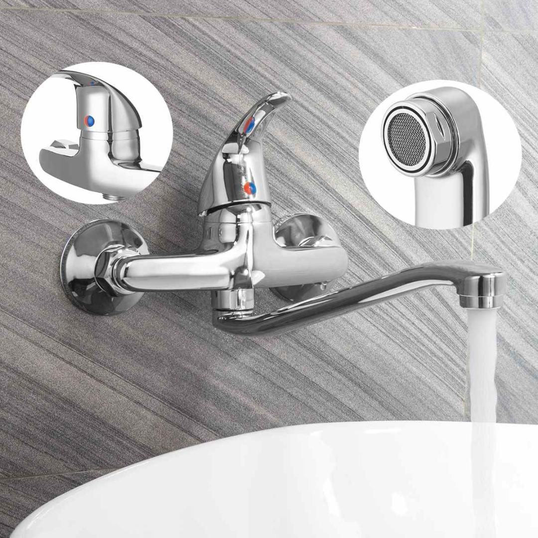 Xueqin Extended Spout Bathroom Basin Faucet Chrome Polished Single Handle Sink Water Mixer Tap Cold And Hot Wall Mounted