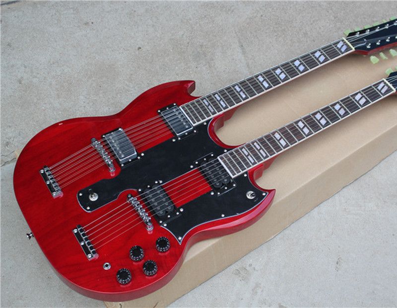 Red Double Neck 12 String And 6 String Electric Guitar,Rosewood