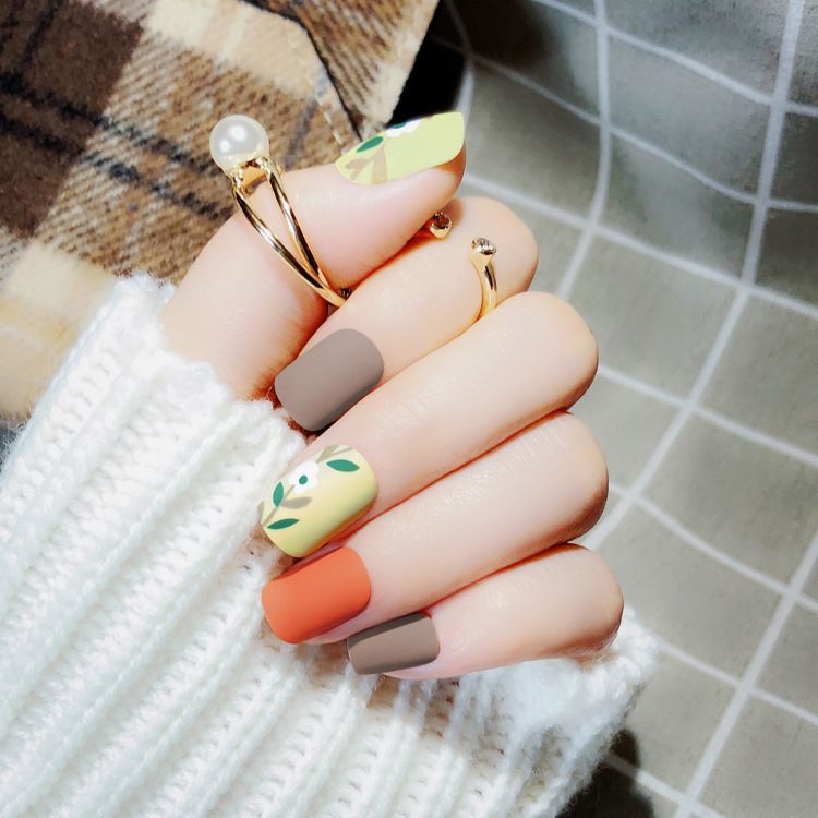 Fashion Fake Nails Matte Brown Orange Square Artificial Nail Tips