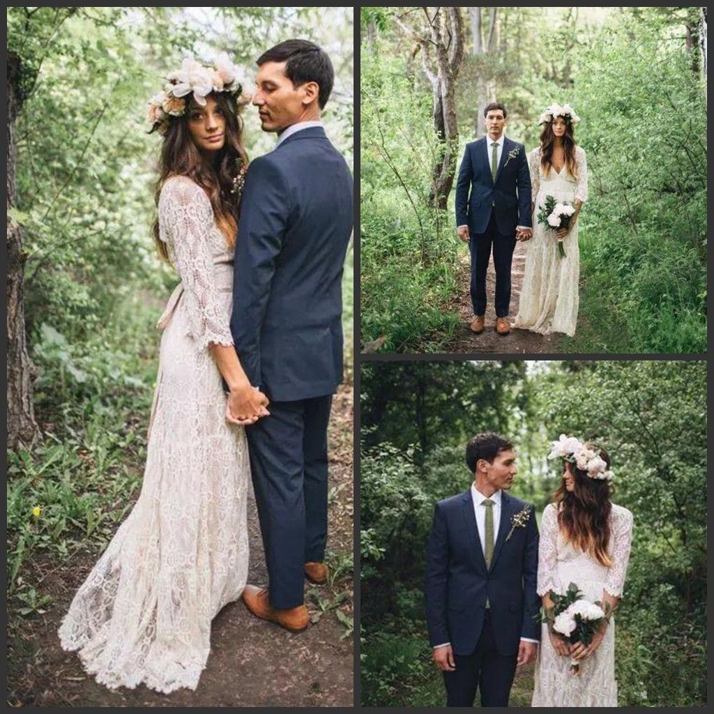 2019 New Vintage Inspired Lace Bohemian Long Sleeve Wedding Dresses Modest V Neck Beach Boho Cheap Wedding Gowns Plus Size Bridal Gowns