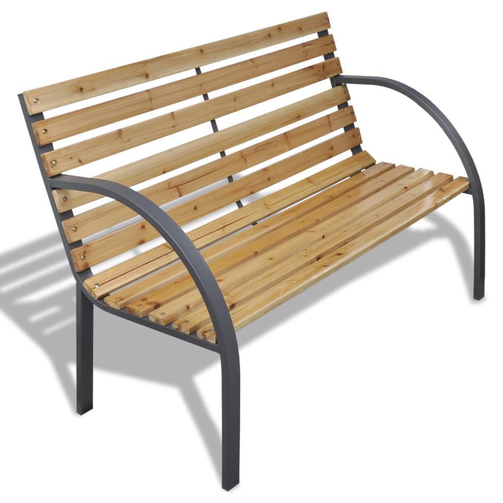 Patio Outdoor Garden Bench Wooden Iron Metal Curved Back Armrests Yard Furniture