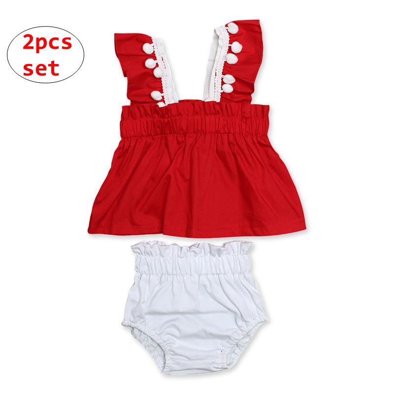 Toddler Girl Summer Clothing Set Kids Red Fringe Tops White Shorts 2pcs Outfit Boutique Clothing Set 5size